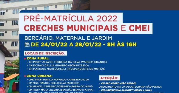 Leia mais sobre o artigo Ano letivo de 2022: Pré-matrícula para creches municipais e CMEI será realizada de 24 a 28 de janeiro
