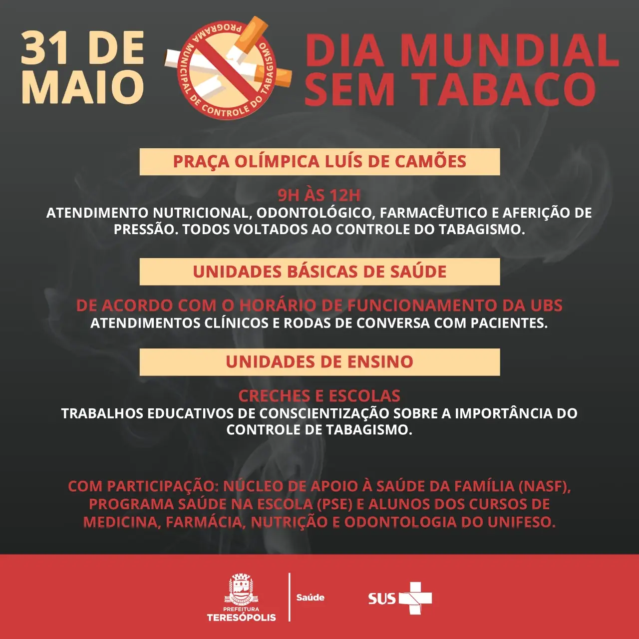 Você está visualizando atualmente Dia Mundial Sem Tabaco: Teresópolis fará ações de saúde, na terça-feira (31)