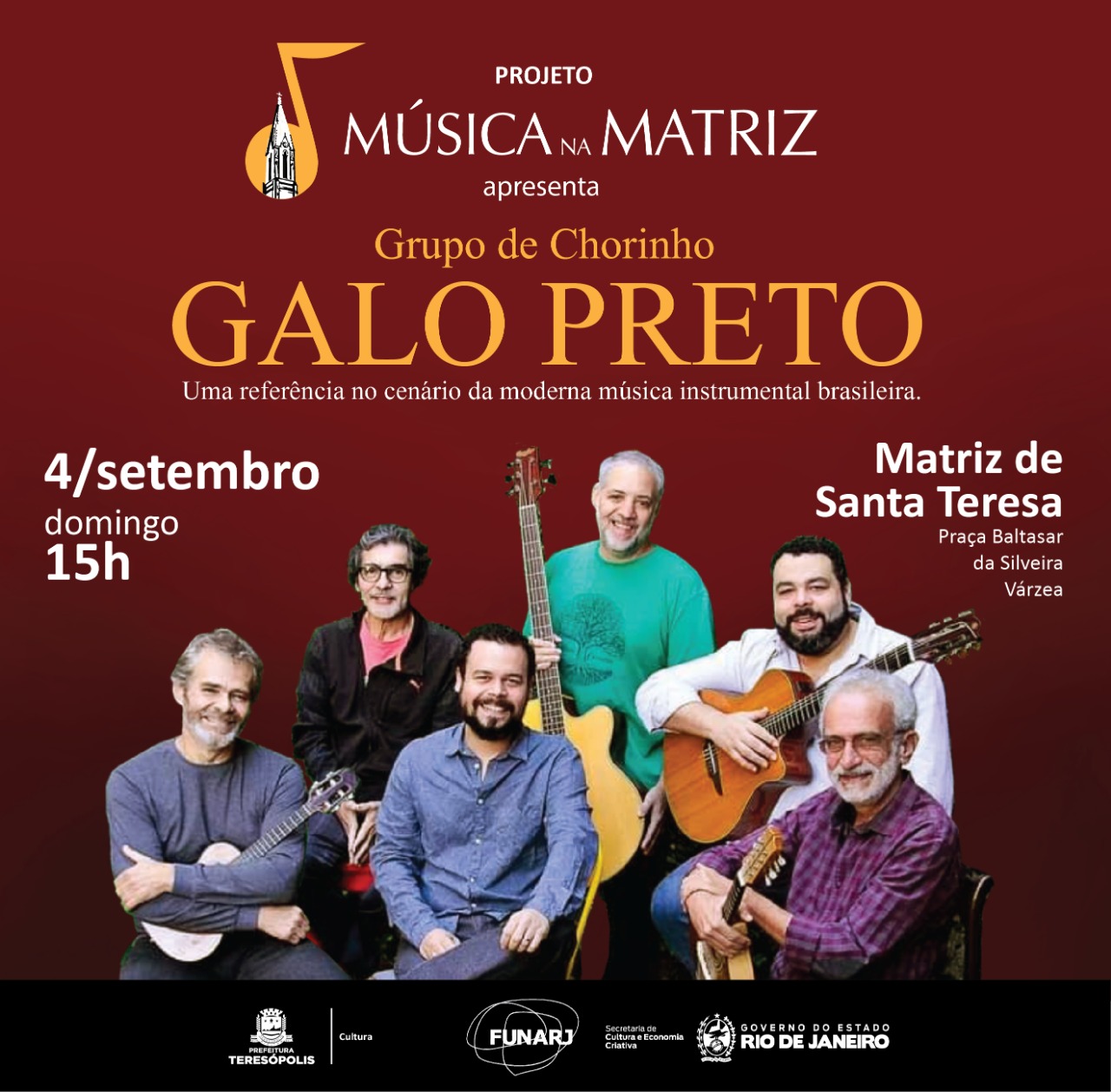 Você está visualizando atualmente Grupo de Chorinho Galo Preto é a atração do ‘Música na Matriz’ no domingo, 4 de setembro