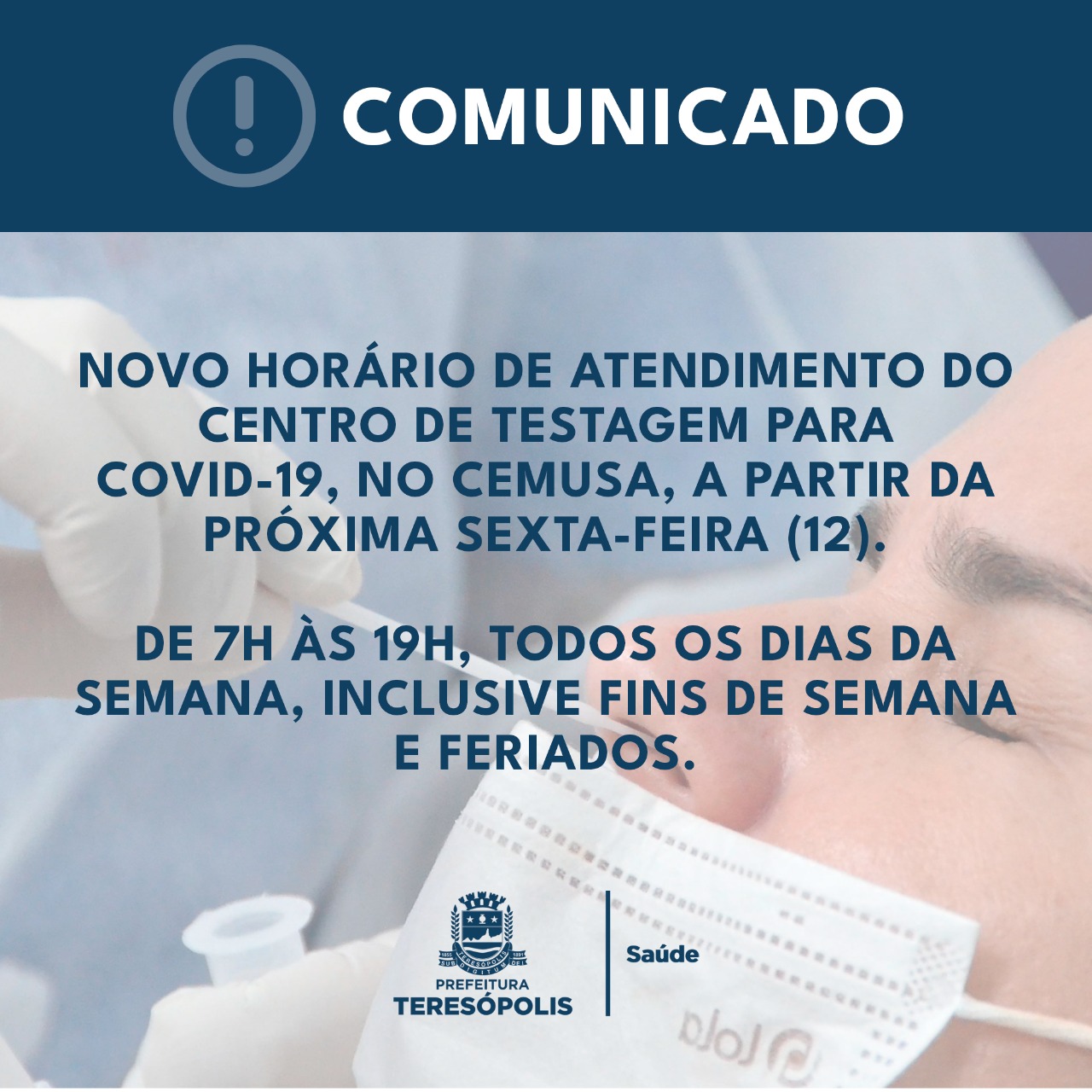 You are currently viewing Centro de Testagem para a Covid-19 do Cemusa terá novo horário de atendimento, a partir de sexta-feira (12)