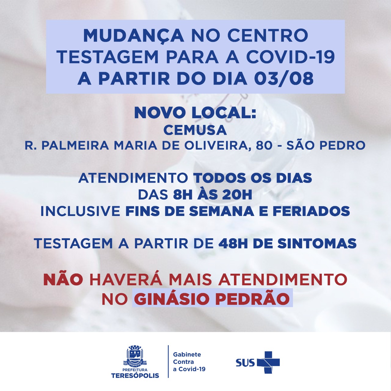 Read more about the article Centro de testagem para Covid-19 é transferido para o Cemusa, em São Pedro
