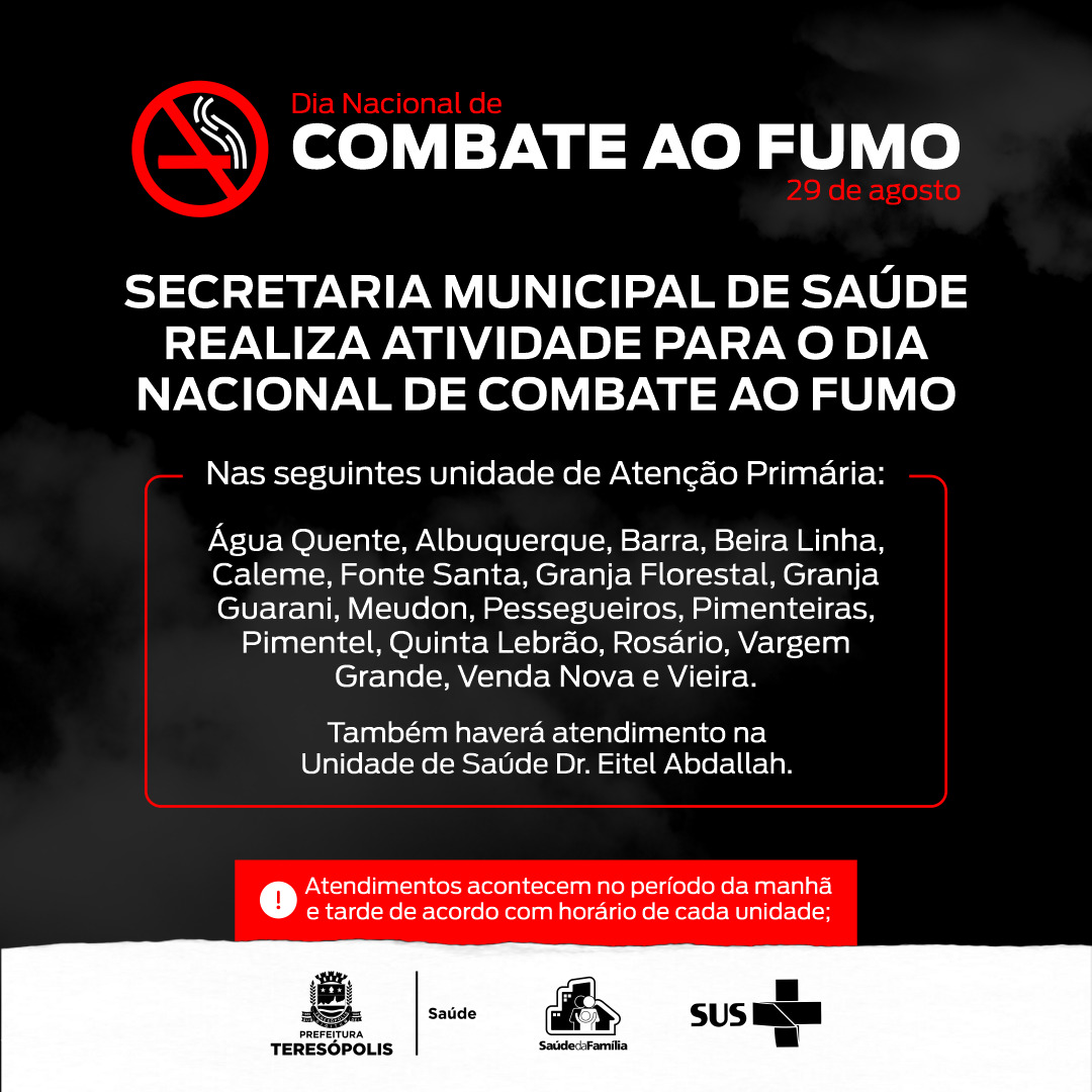 Read more about the article Secretaria Municipal de Saúde realizará atividade voltada ao Dia Nacional de Combate ao Fumo, na segunda-feira (29)