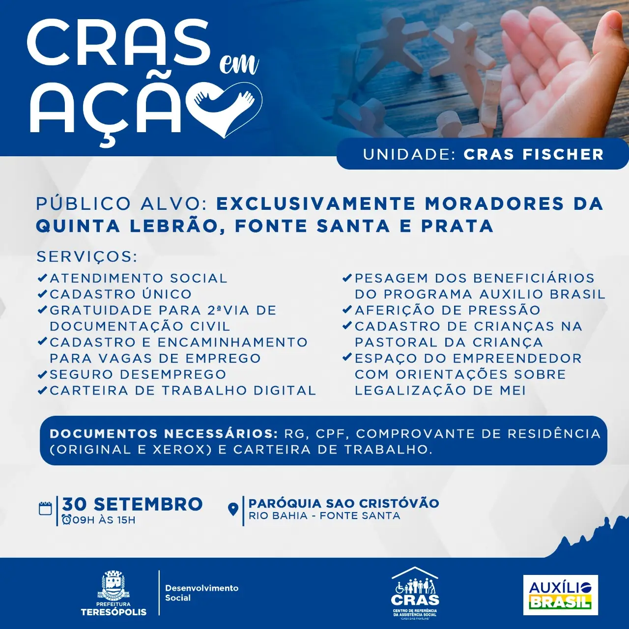 Você está visualizando atualmente Desenvolvimento Social, Pastoral da Criança da Paróquia de São Cristóvão e PETI realizarão ações de atendimento aos moradores de Quinta Lebrão, Fonte Santa e Prata em 30/9