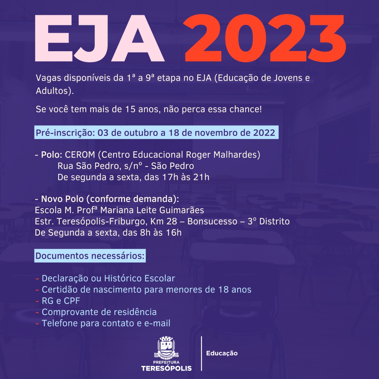 Você está visualizando atualmente EJA 2023: Pré-inscrições começam na próxima segunda, 3 de outubro