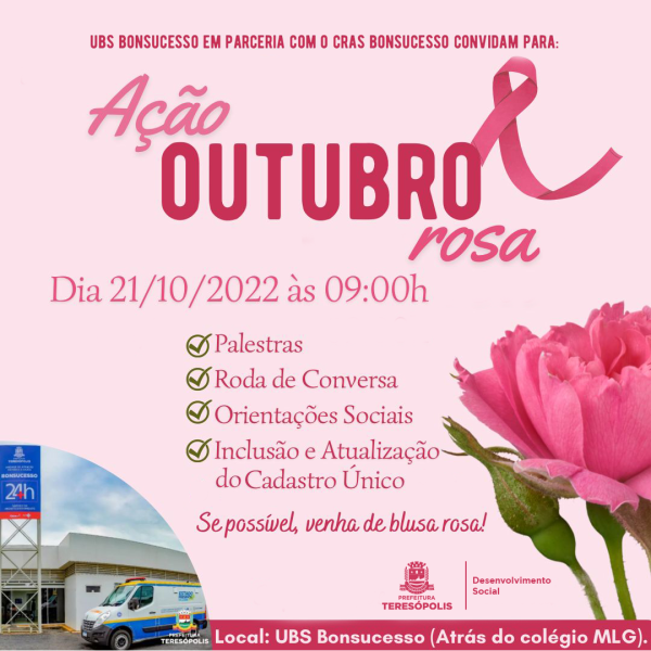 Leia mais sobre o artigo Ação Outubro Rosa em Bonsucesso terá várias atividades para a população local na sexta-feira, 21 de outubro, na UBS do bairro