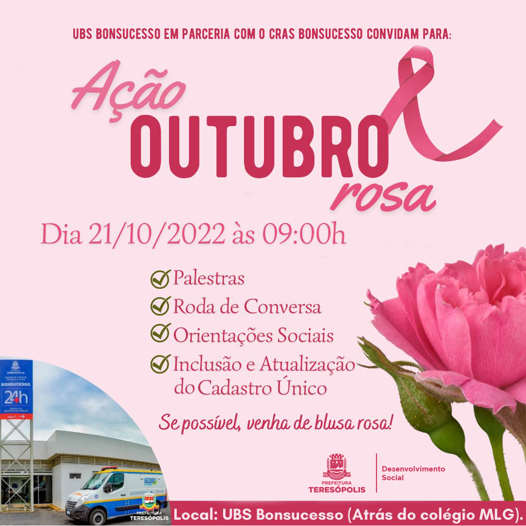 Leia mais sobre o artigo Ação Outubro Rosa em Bonsucesso terá várias atividades para a população local na sexta-feira, 21 de outubro, na UBS do bairro