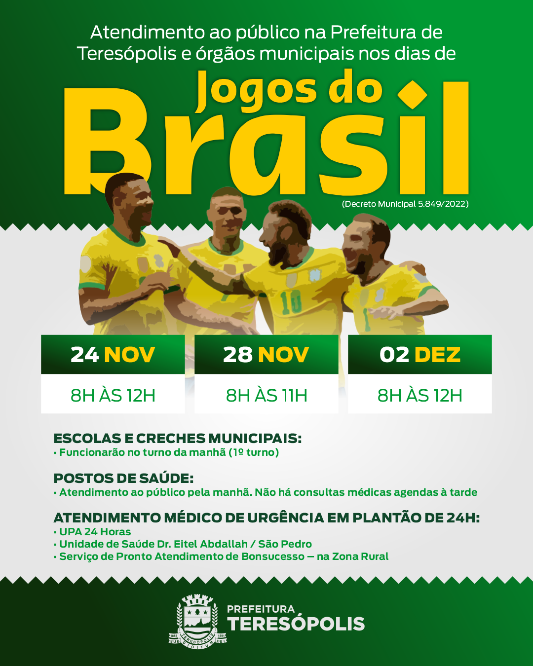 Você está visualizando atualmente Prefeitura de Teresópolis define expediente em dias de jogos no Brasil na Copa do Mundo