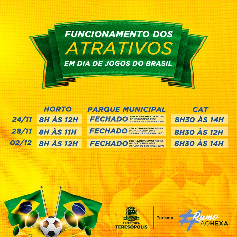 Você está visualizando atualmente Dias de jogo do Brasil na Copa do Mundo: Prefeitura de Teresópolis e órgãos municipais encerram expediente às 11h na segunda-feira, 28/11