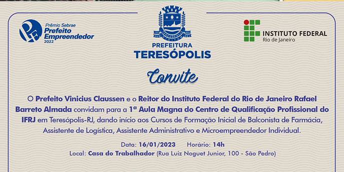 Você está visualizando atualmente Aula magna dos cursos do Centro de Qualificação Profissional do IFRJ será realizada no dia 16/01, na Casa do Trabalhador de Teresópolis