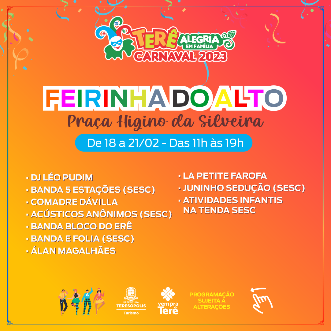 Você está visualizando atualmente ‘Terê Alegria em Família’  Carnaval na Feirinha de Teresópolis tem shows, cortejo com bonecos gigantes e bailinho infantil até terça-feira, 21/02