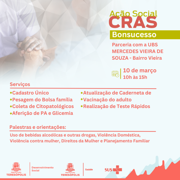 Leia mais sobre o artigo Ação Social: Atendimento itinerante do CRAS Bonsucesso estará em Vieira na próxima sexta, 10 de março. 