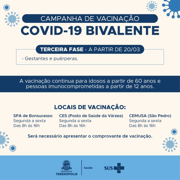Read more about the article Teresópolis inicia nesta segunda, 20/03, a 3ª fase da Campanha de Vacinação Bivalente contra a Covid-19