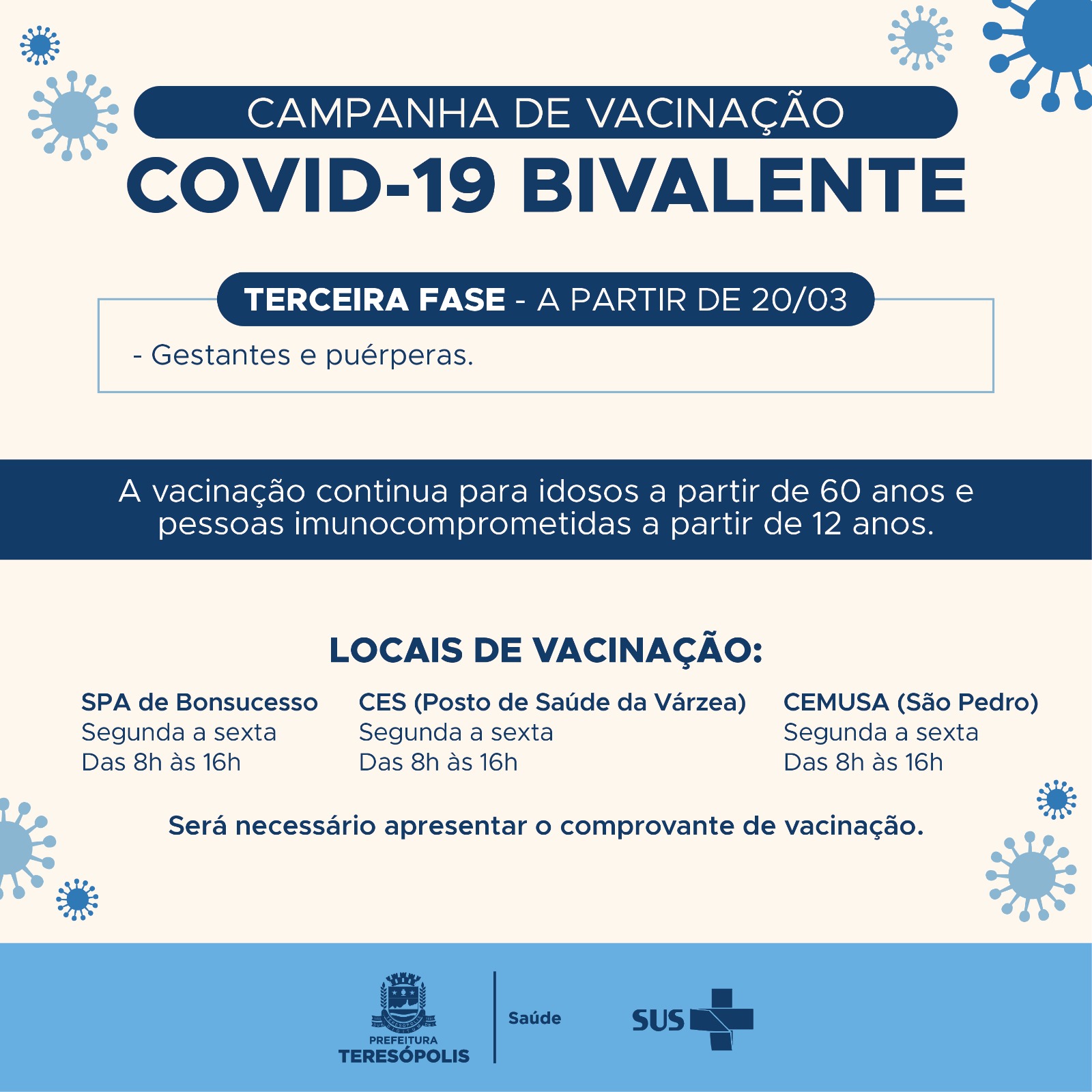 No momento você está vendo Teresópolis inicia nesta segunda, 20/03, a 3ª fase da Campanha de Vacinação Bivalente contra a Covid-19