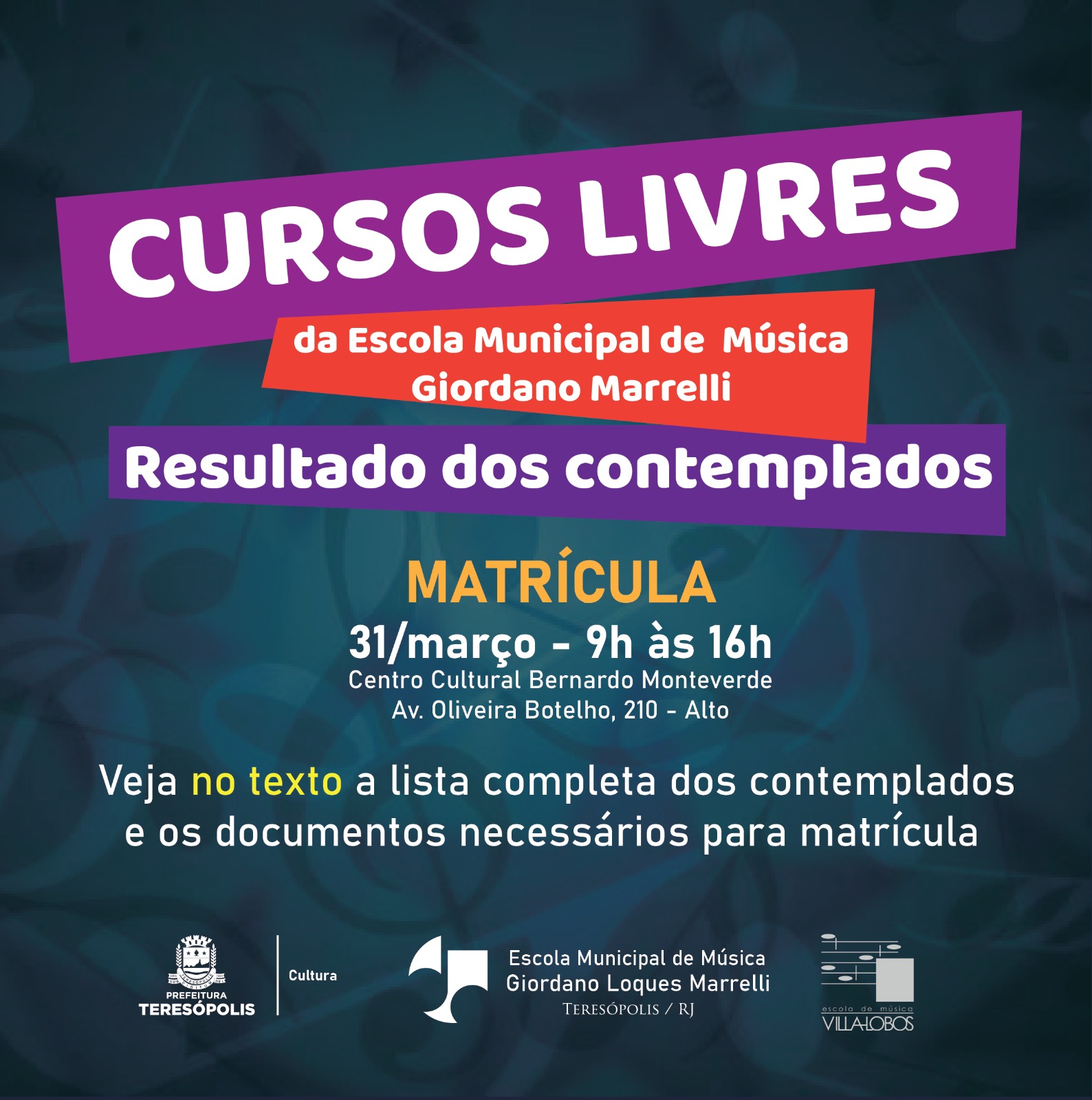 Você está visualizando atualmente Sai a lista dos contemplados para os cursos livres da Escola Municipal de Música de Teresópolis