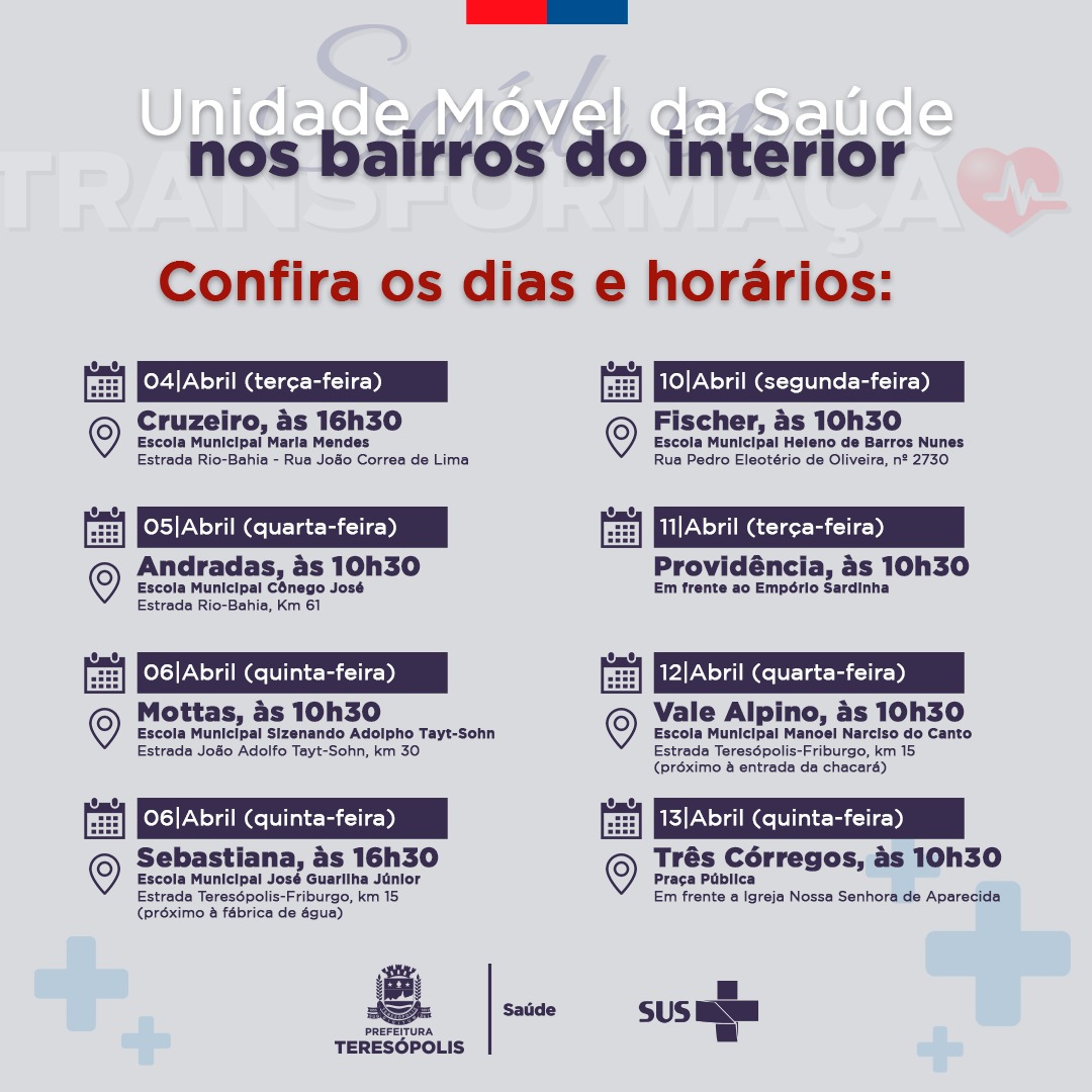 No momento você está vendo Unidade Móvel da Saúde rodará bairros do interior de Teresópolis a partir da próxima terça-feira (4)