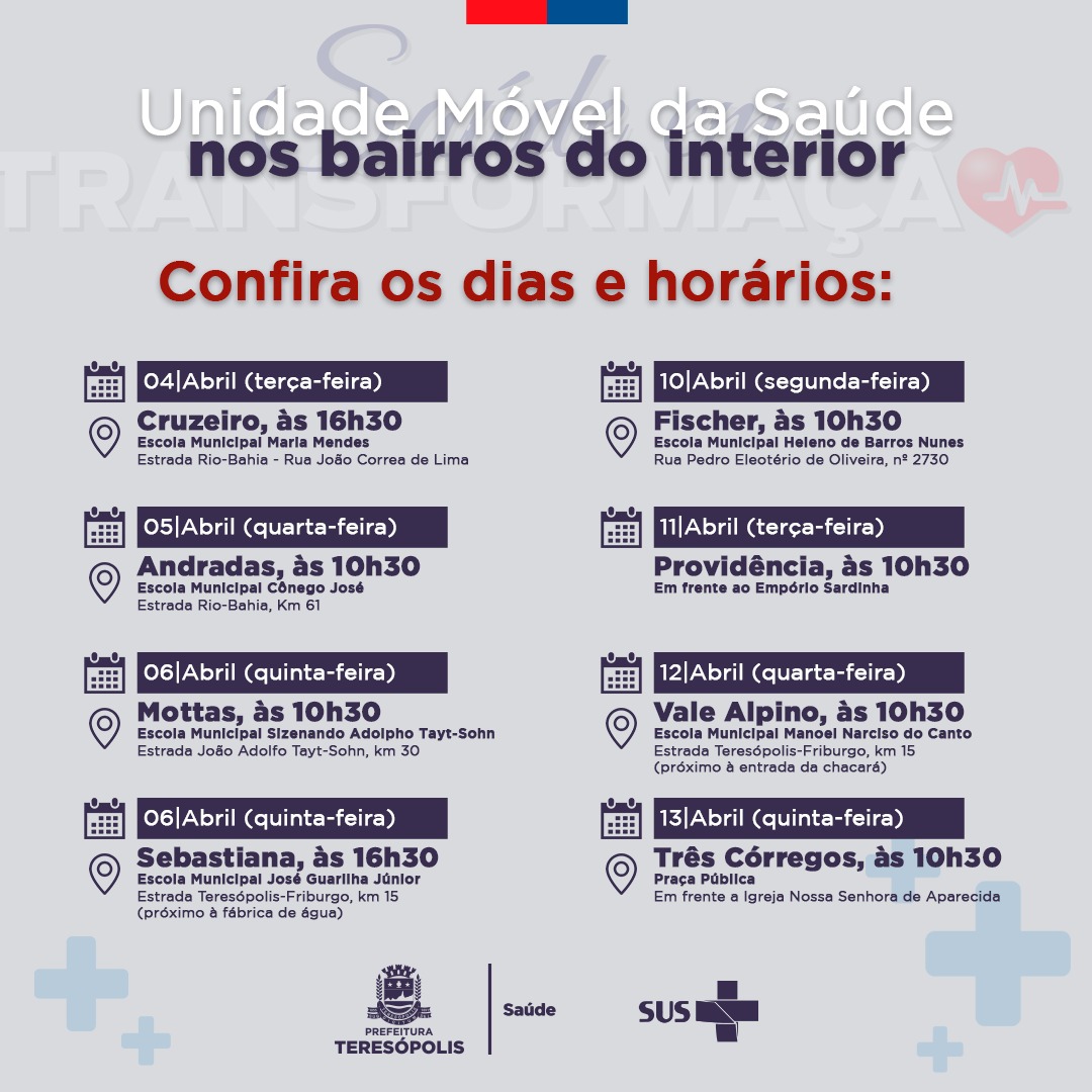 Você está visualizando atualmente Unidade Móvel da Saúde rodará bairros do interior de Teresópolis a partir da próxima terça-feira (4)