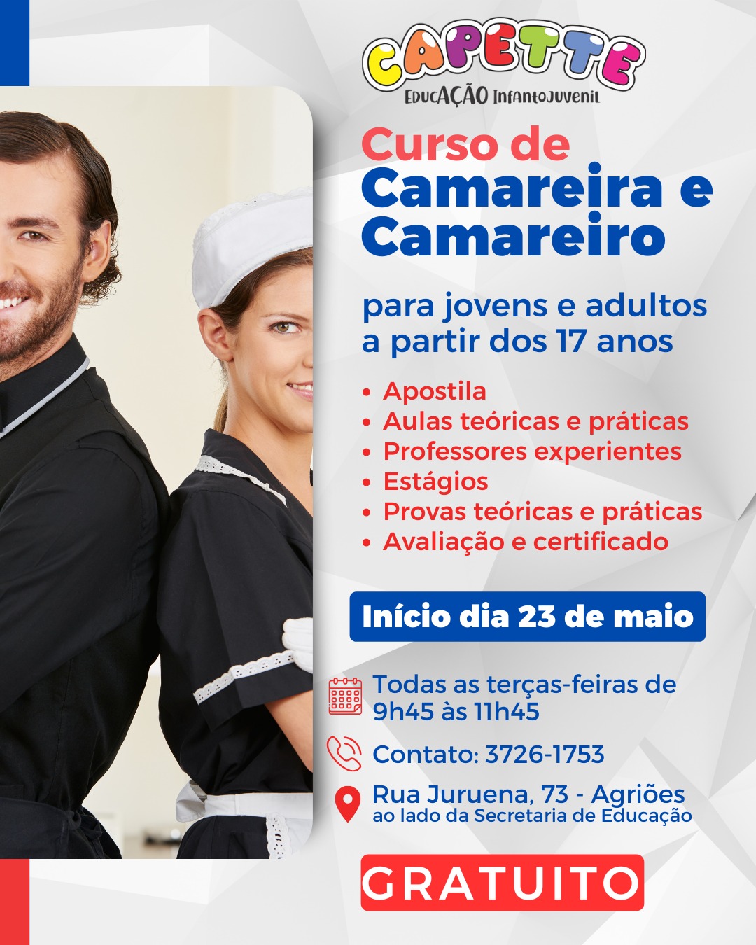 CAPETTE abre inscrições para o curso gratuito de camareira e