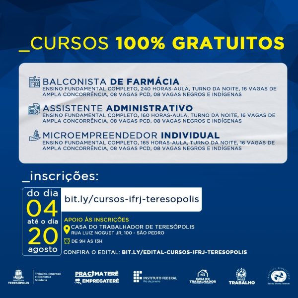 Leia mais sobre o artigo Prefeitura de Teresópolis e IFRJ abrem inscrições online nesta sexta, 04/08, para três cursos 100% gratuitos