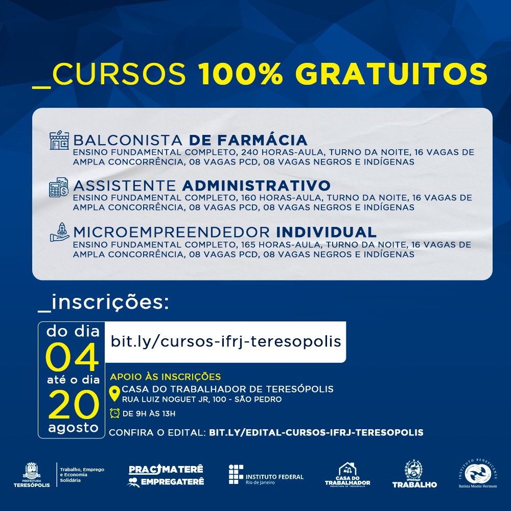 Você está visualizando atualmente Prefeitura de Teresópolis e IFRJ abrem inscrições online nesta sexta, 04/08, para três cursos 100% gratuitos