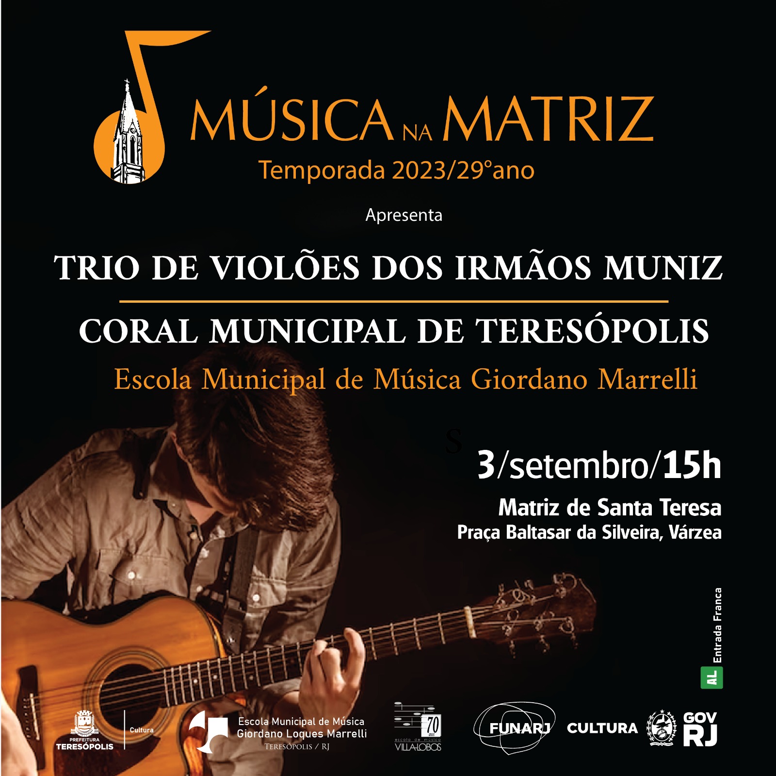 Você está visualizando atualmente Concerto de violão com o Trio Muniz e o Coral Municipal de Teresópolis são as atrações do  Música na Matriz 