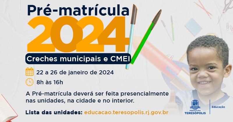 Você está visualizando atualmente Pré-matrícula 2024 para creches termina nesta sexta, 26