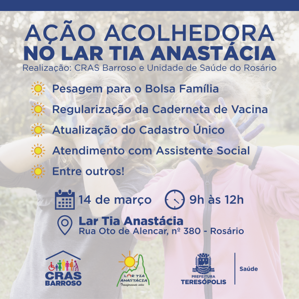Leia mais sobre o artigo CRAS Barroso e Unidade de Saúde do Rosário realizam ação acolhedora no Lar Tia Anastácia, no próximo dia 14