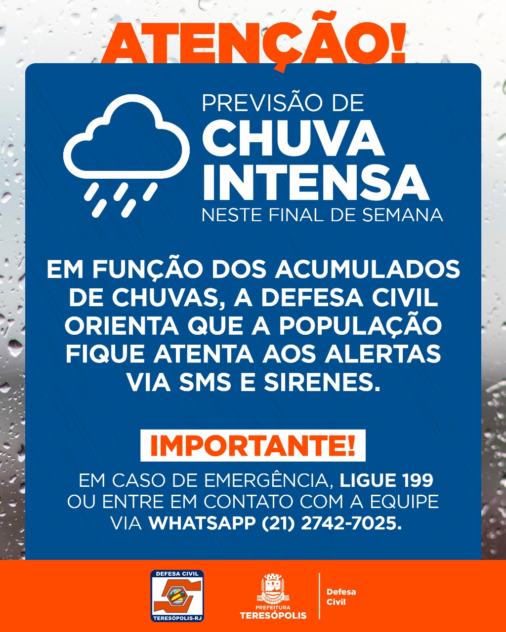 Leia mais sobre o artigo NOTA – PREVISÃO DE CHUVA INTENSA NESTE FINAL DE SEMANA EM TERESÓPOLIS