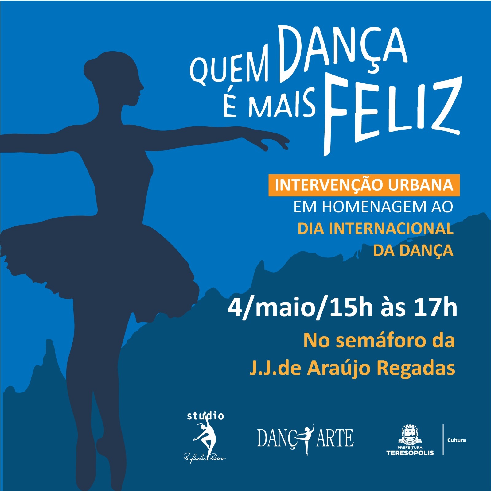Você está visualizando atualmente Dia Internacional da Dança terá intervenção artística ‘Quem Dança é Mais Feliz’ no centro de Teresópolis no próximo sábado, 4