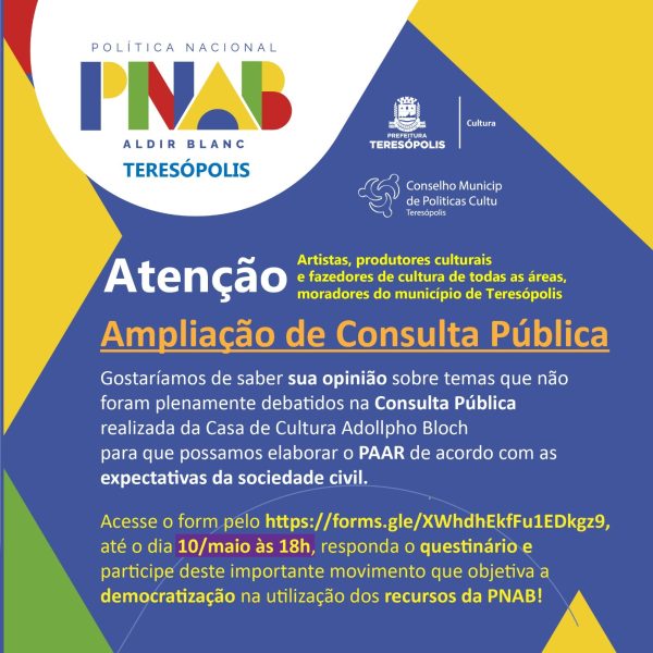 Leia mais sobre o artigo Fomento à Cultura: Teresópolis amplia consulta pública para elaboração do plano de aplicação dos recursos da PNAB