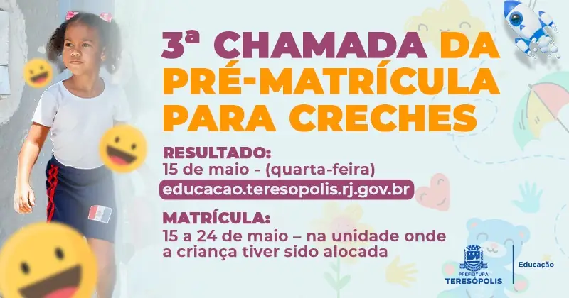 Você está visualizando atualmente Educação divulga resultado da 3ª Chamada da Pré-matrícula para creches na próxima quarta, 15