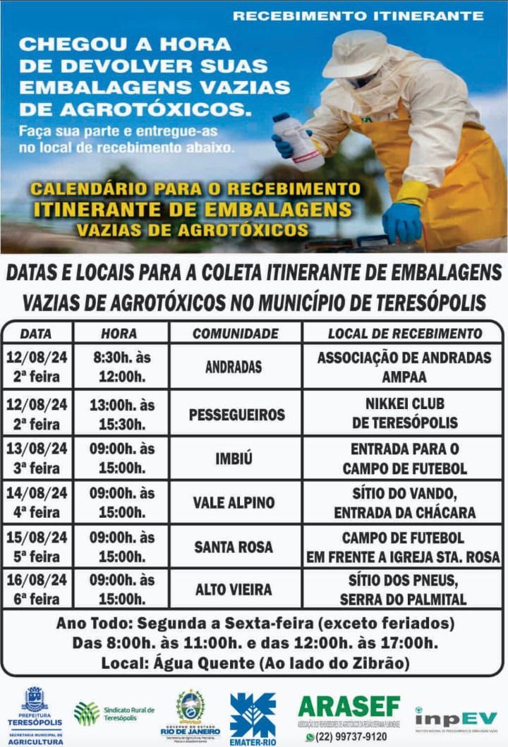 Leia mais sobre o artigo Coleta itinerante de embalagens vazias de agrotóxicos será realizada no interior de Teresópolis