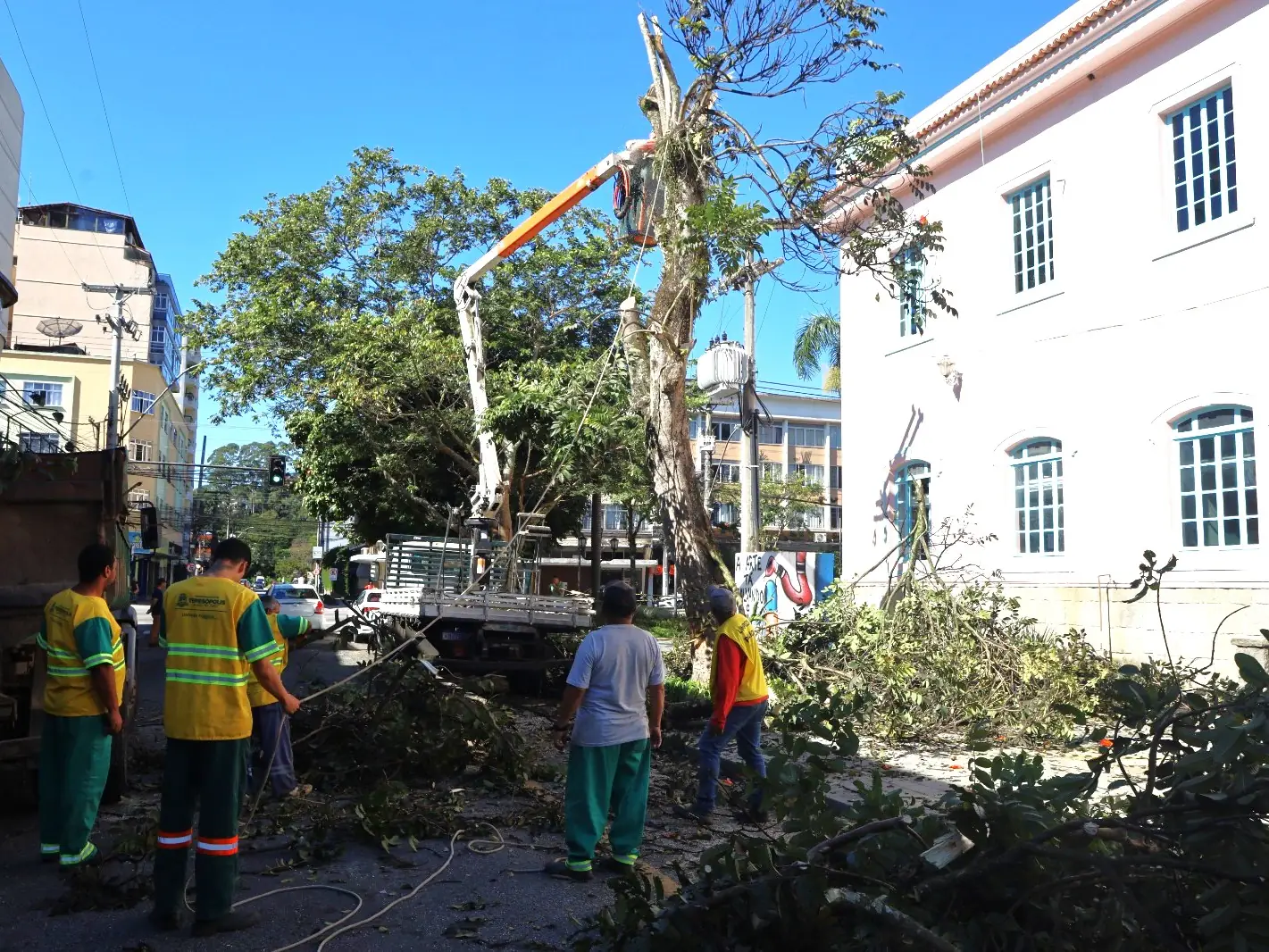 No momento, você está visualizando Prefeitura de Teresópolis poda arbustos e remove árvores com risco de queda na Praça Governador Portella