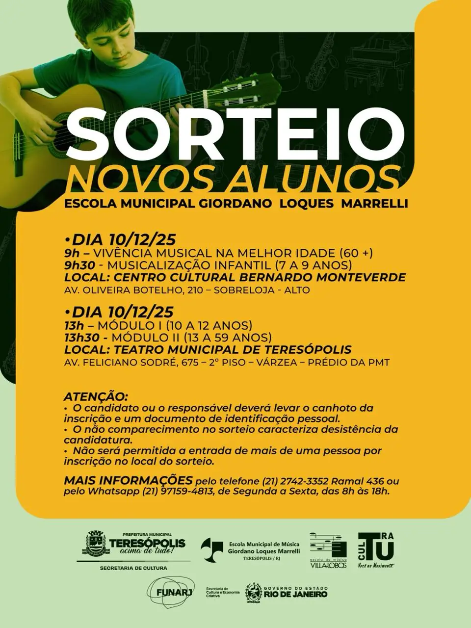 No momento, você está visualizando Cultura divulga a lista dos 162 inscritos para o Núcleo  Teresópolis da Escola de Música Villa-Lobos