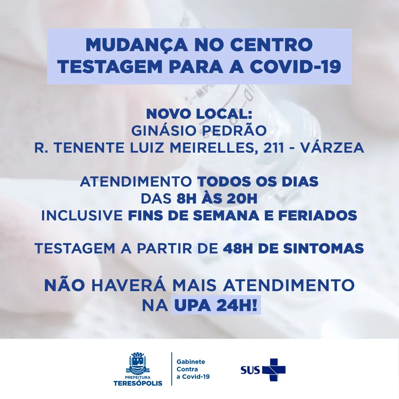 Read more about the article Centro de Testagem para Covid-19 retorna ao Pedrão, nesta terça-feira (7)