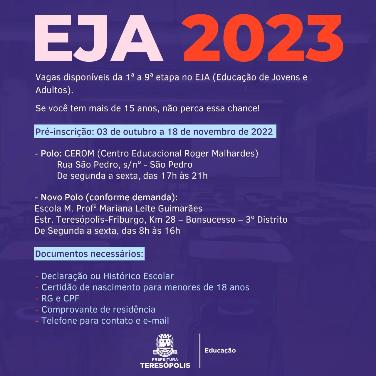 You are currently viewing EJA 2023: Pré-inscrições começam na próxima segunda, 3 de outubro
