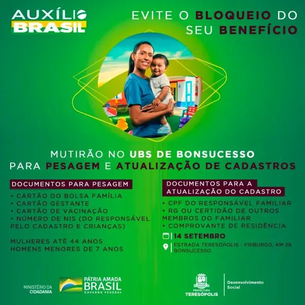 Leia mais sobre o artigo Desenvolvimento Social e Secretária de Saúde realizam nesta quarta (14), na UBS de Bonsucesso, mutirão para pesagem e atualização de cadastros no Cadastro Único para recebimento do Auxílio Brasil