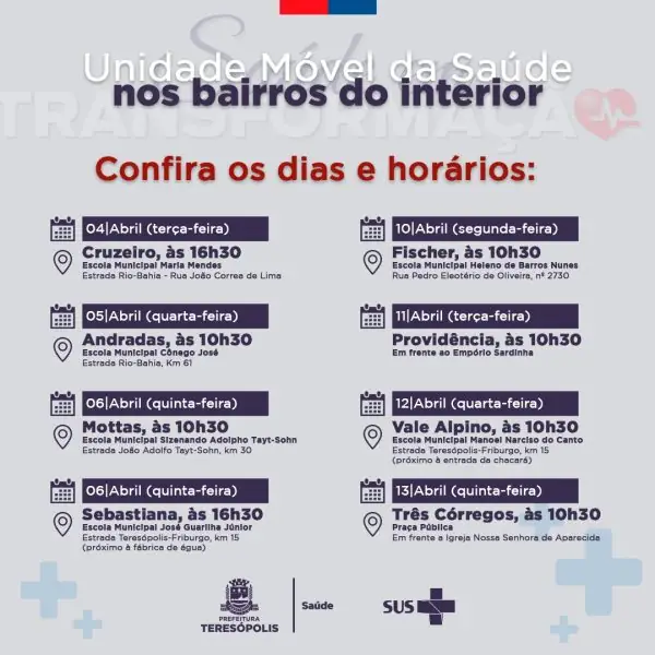 Leia mais sobre o artigo Unidade Móvel da Saúde rodará bairros do interior de Teresópolis a partir da próxima terça-feira (4)