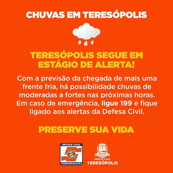 Leia mais sobre o artigo Previsão de mais chuva e nova frente fria mantém Teresópolis em alerta devido ao risco de novos deslizamentos