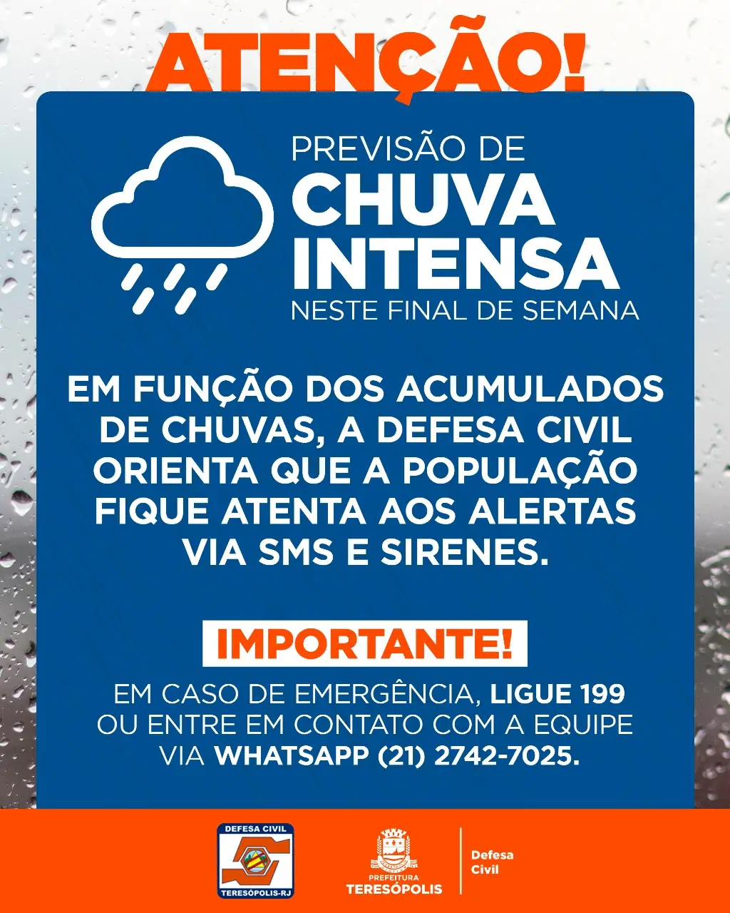 No momento, você está visualizando NOTA – PREVISÃO DE CHUVA INTENSA NESTE FINAL DE SEMANA EM TERESÓPOLIS