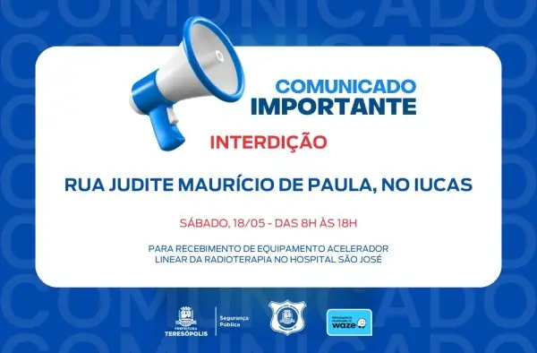 Leia mais sobre o artigo Comunicado: Interdição da Rua Judite Maurício de Paula, no Iucas, neste sábado, 18/05, das 8h às 18h
