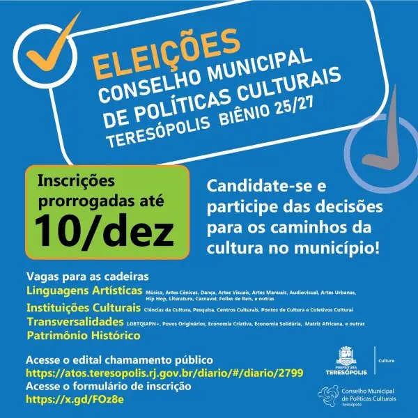 Leia mais sobre o artigo Prorrogadas até o dia 10 as inscrições online para a eleição do Conselho Municipal de Políticas Culturais de Teresópolis