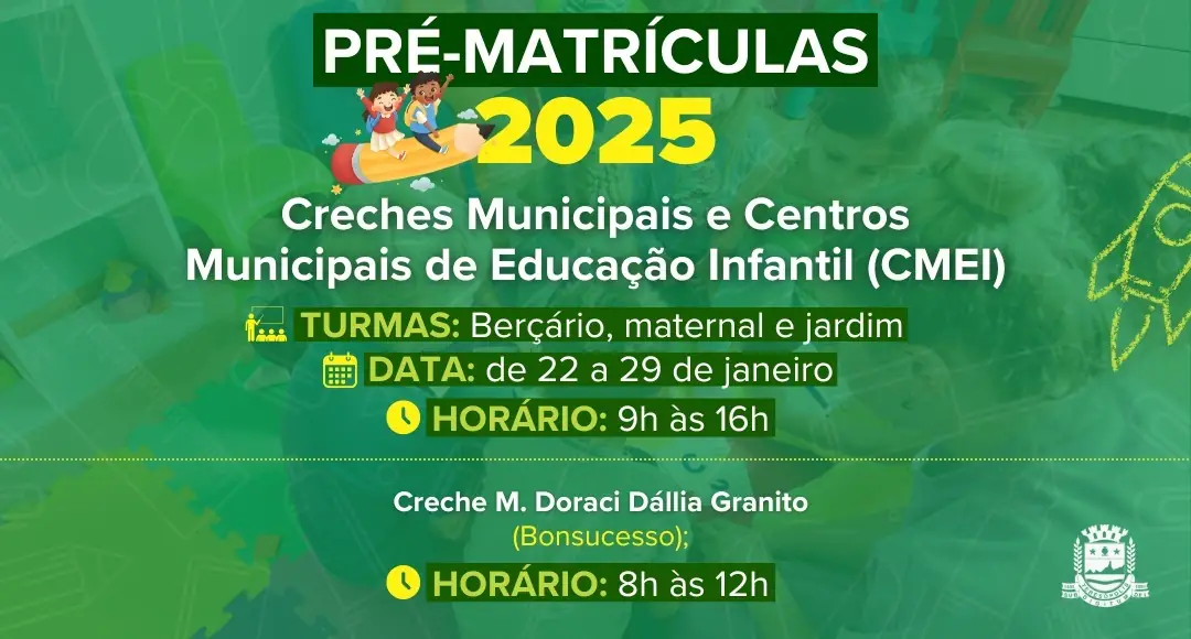 Leia mais sobre o artigo Ano Letivo 2025: Pré-matrícula para creches municipais e CMEIs será entre os dias 22 e 29 de janeiro