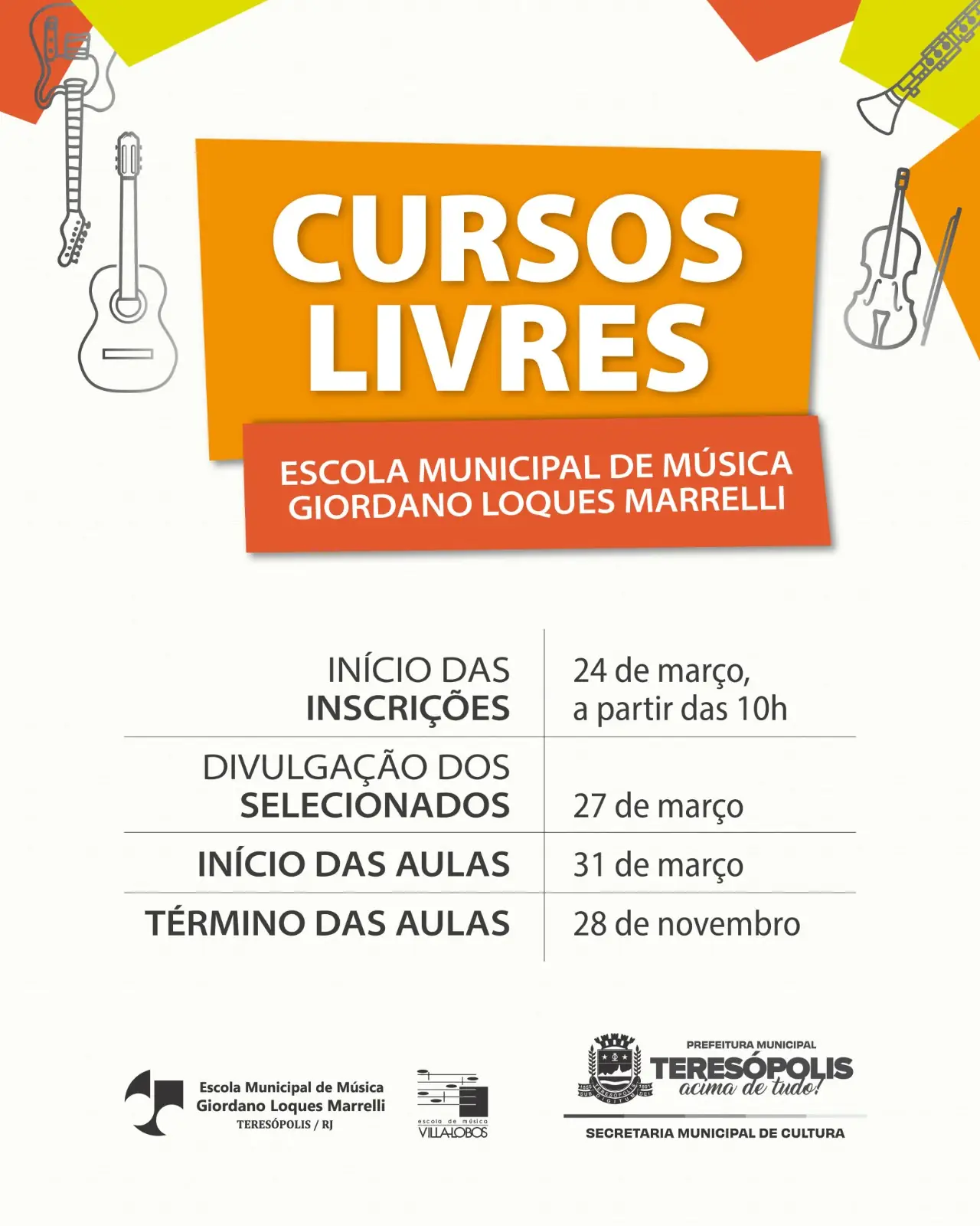 No momento, você está visualizando Escola Municipal de Música de Teresópolis abre inscrição on-line para os cursos de violão, guitarra, cavaquinho, violino e clarinete