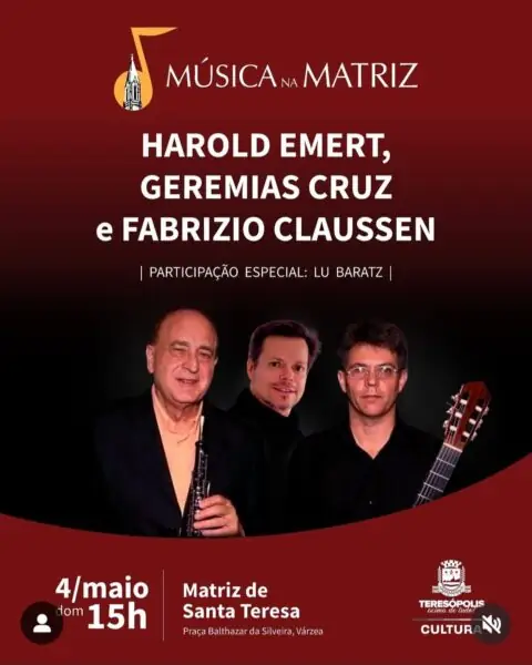 Leia mais sobre o artigo ‘Música na Matriz’ no próximo domingo, 04 de maio, contará com apresentação de Harold Emert, Geremias Cruz e Fabrizio Claussen, com participação especial de Lu Baratz