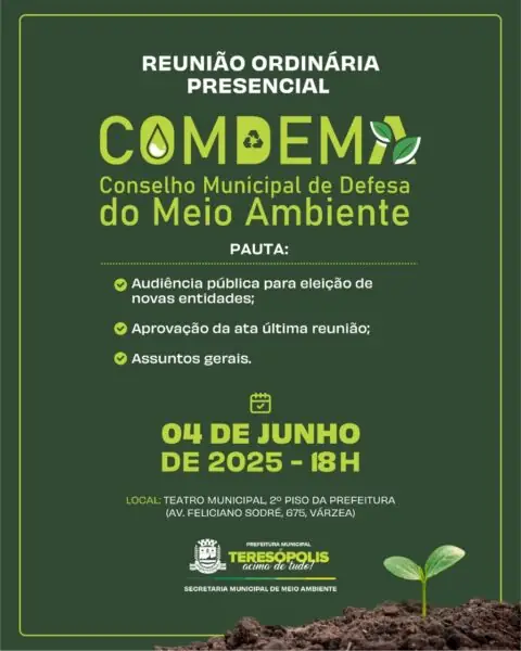 Leia mais sobre o artigo COMDEMA: reunião ordinária acontece nesta quarta, dia 4, no Teatro