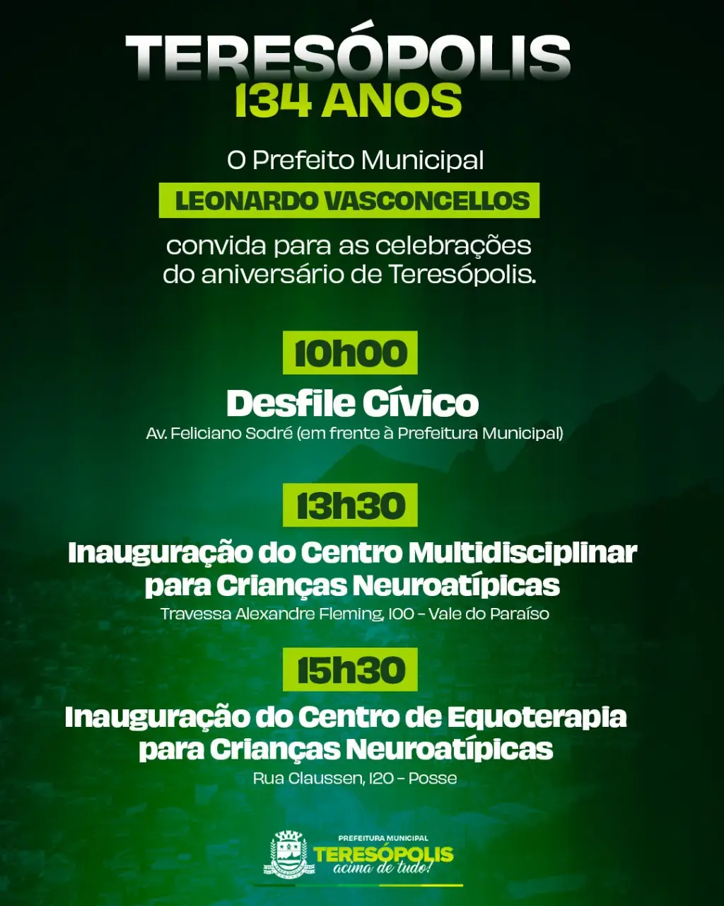 No momento, você está visualizando Teresópolis 134 anos: Prefeito Leonardo Vasconcellos inaugura Centro de Atendimento Multidisciplinar e Centro Hípico de Equoterapia para crianças neoroatípicas