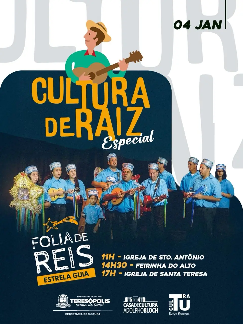 Leia mais sobre o artigo Edição Especial do Cultura de Raiz leva a Folia de Reis Estrela Guia à Feirarte e às Igrejas de Santo Antonio e de Santa Teresa neste domingo, dia 4